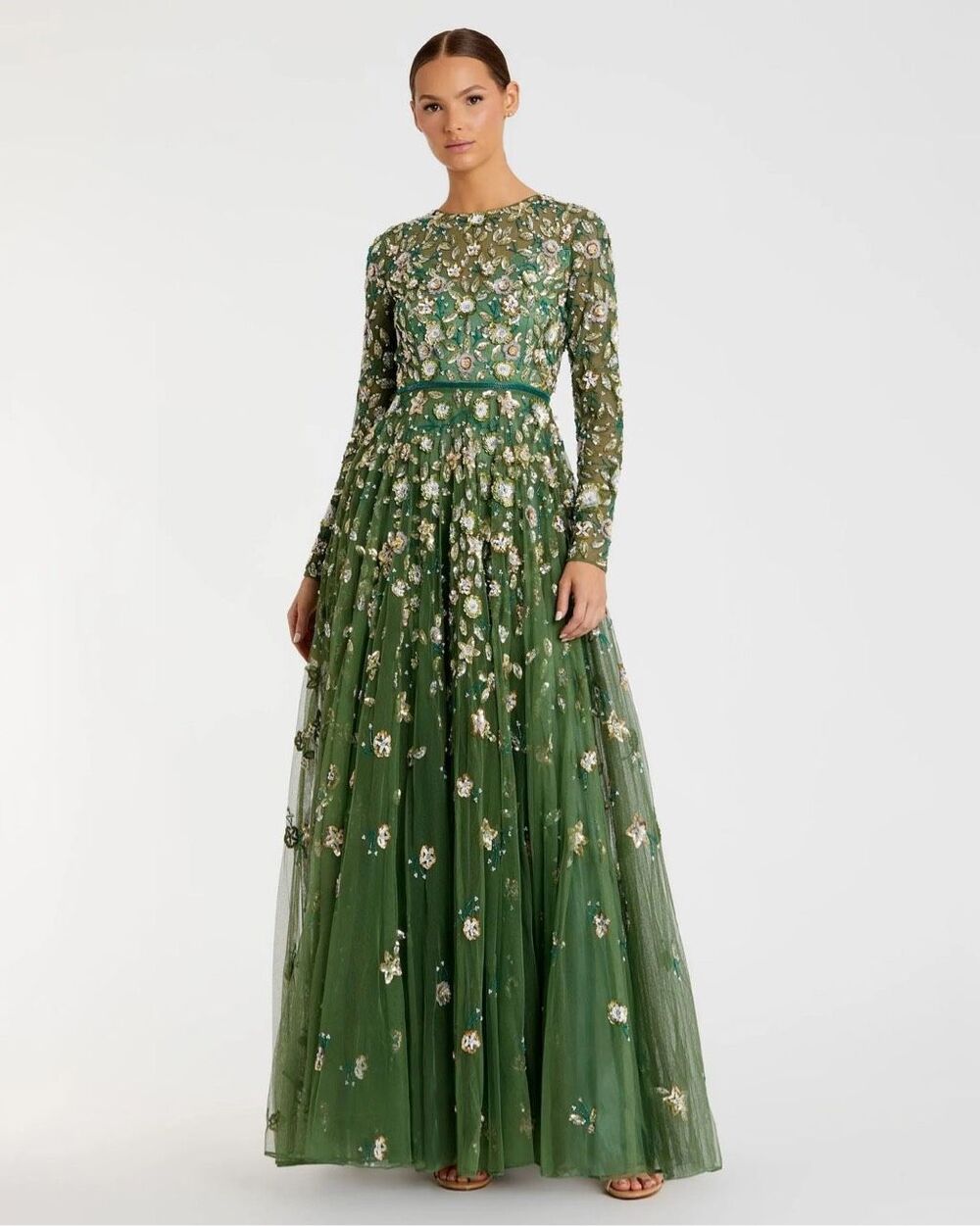 New MAC DUGGAL Sage Embellished High Neck Long Sleeve A Line Gown